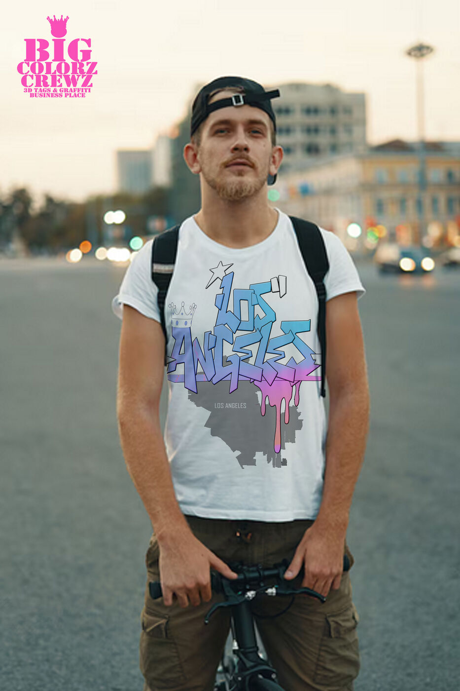 Mockup t-shirt — Los Angeles, porté